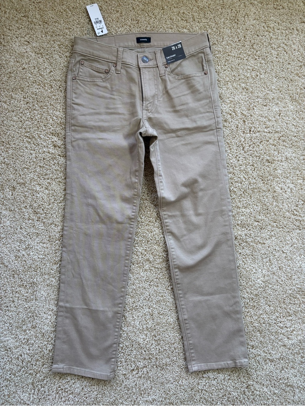 NWT Express Mens Hyper Stretch Slim Straight Pants - Tan Beige 26x28